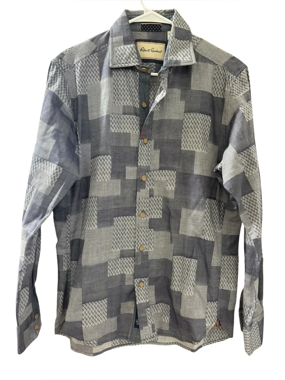Robert Graham Men's Patchwork-Pattern Gray Button-Down Shirt Size Small